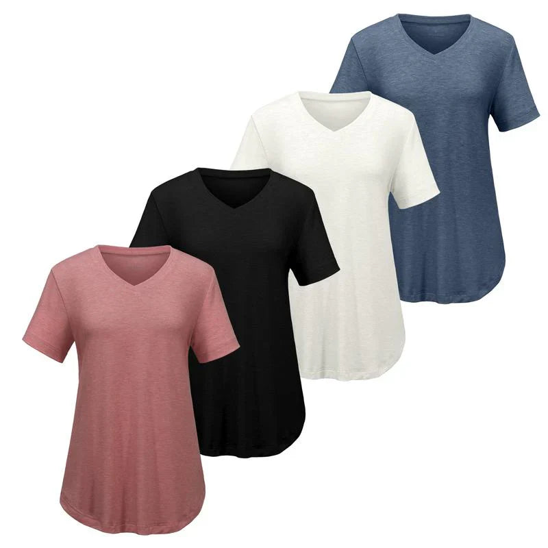BYNNIE® Women’s V-Neck T-Shirt 4-Pack – Soft, Casual Fit with Curved Hem