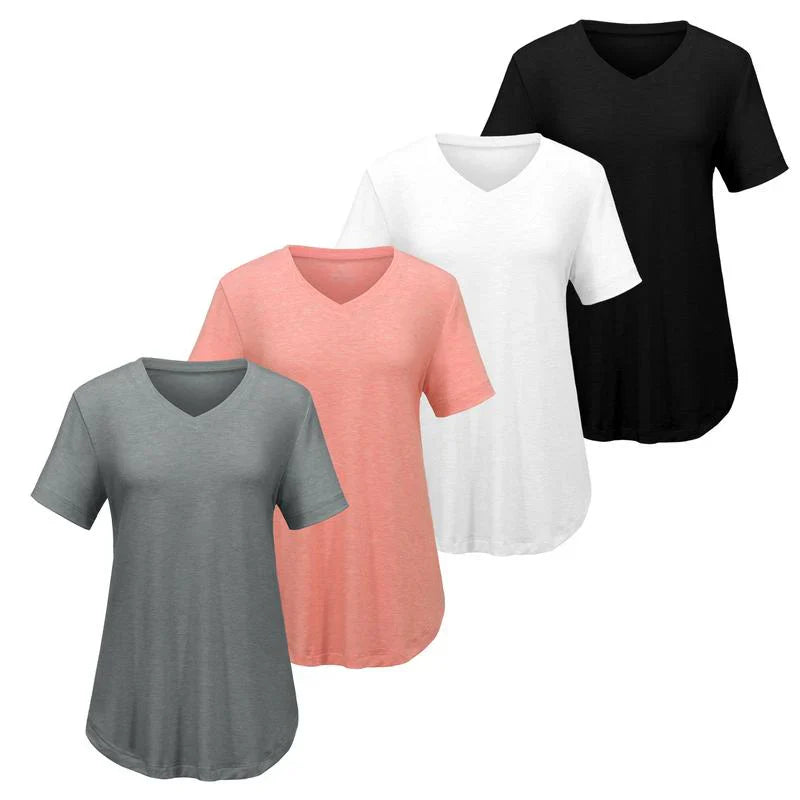 BYNNIE® Women’s V-Neck T-Shirt 4-Pack – Soft, Casual Fit with Curved Hem