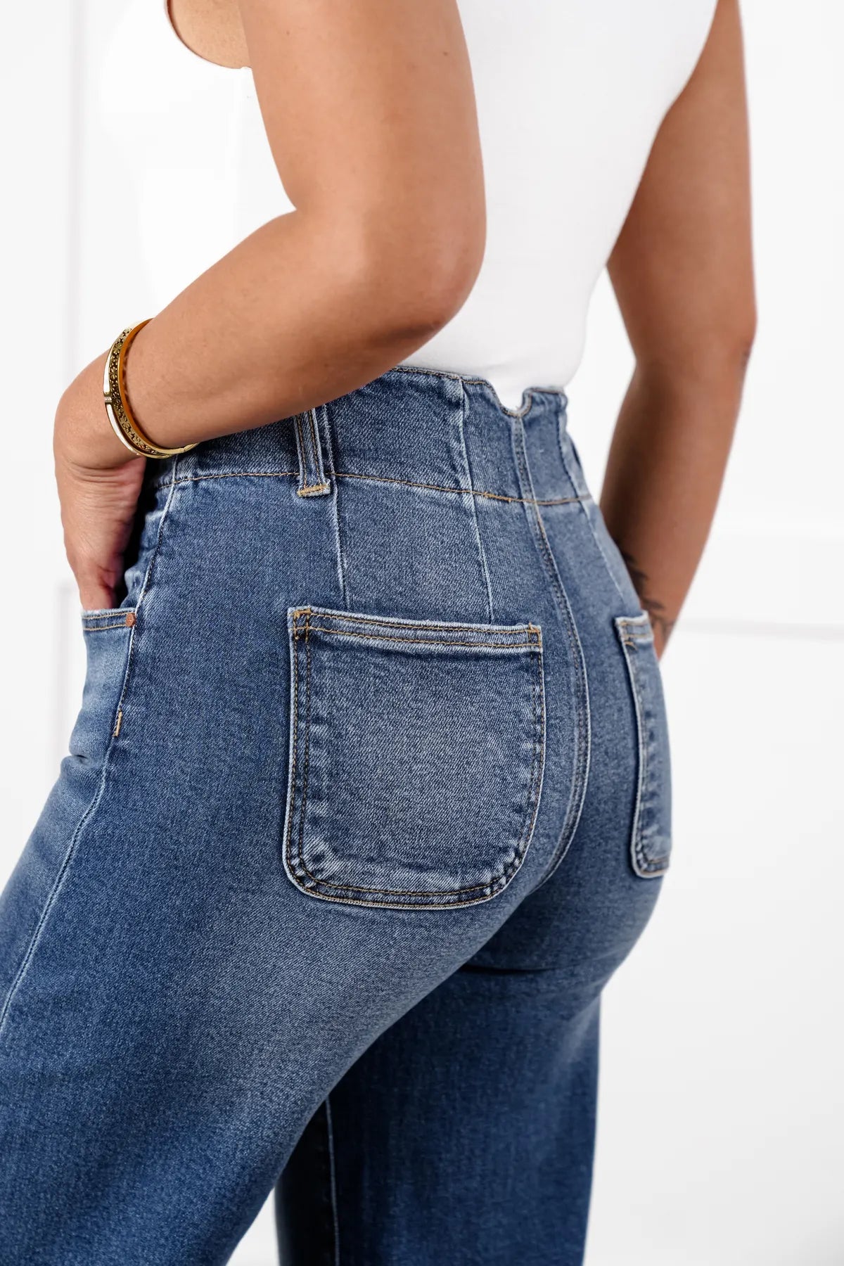 BYNNIE® Double Button Wide Leg Trouser Hem Non-Distressed Jean
