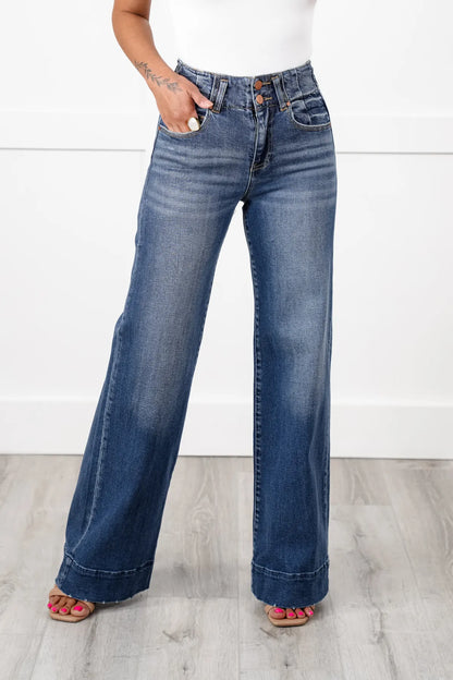 BYNNIE® Double Button Wide Leg Trouser Hem Non-Distressed Jean
